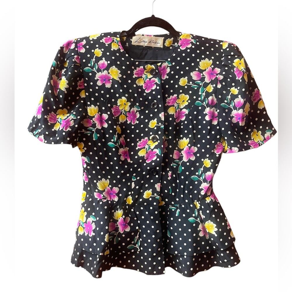 VTG Lillie Rubin Silk Cocktail floral Blouse  Peplum Button Up Size: L